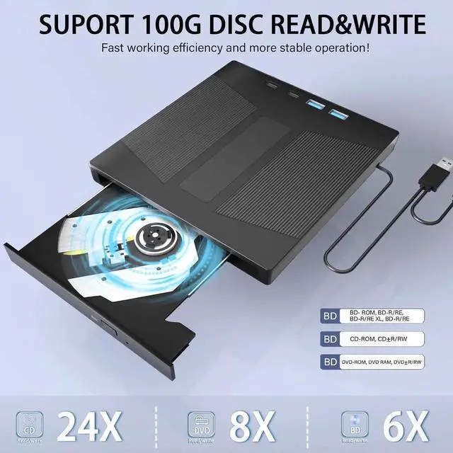 Alt view image 6 of 6 - 7 in 1 External Blu ray DVD Drive, Support 100G Disc R/W,USB 3.0 Type-C BD DVD CD Player Portable CD DVD Burner with SD/TF Card Slot, Compatible with Windows XP/7/8/10/11 Mac Laptop Desktop