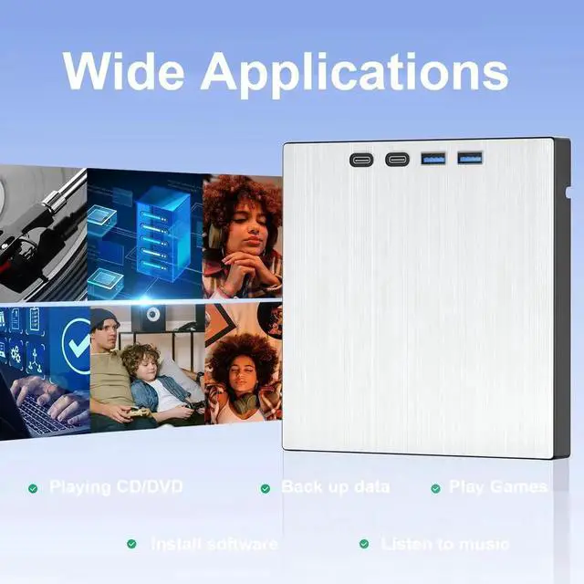 Alt view image 3 of 7 - 7-in-1 External CD DVD Drive, USB 3.0 Type-C CD/DVD Drive External USB with SD/TF Card Reader, External CD Drive for Laptop, Portable External DVD Burner for Windows XP/7/8/10/11, Linux, MacOS