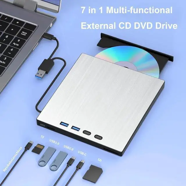 Alt view image 6 of 7 - 7-in-1 External CD DVD Drive, USB 3.0 Type-C CD/DVD Drive External USB with SD/TF Card Reader, External CD Drive for Laptop, Portable External DVD Burner for Windows XP/7/8/10/11, Linux, MacOS