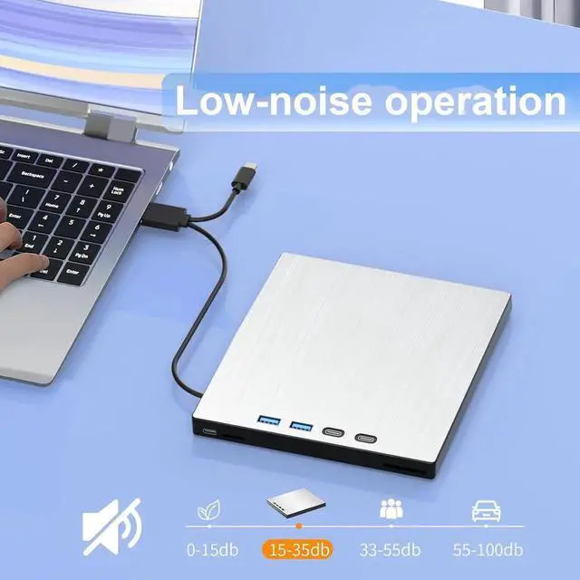 Alt view image 7 of 7 - 7-in-1 External CD DVD Drive, USB 3.0 Type-C CD/DVD Drive External USB with SD/TF Card Reader, External CD Drive for Laptop, Portable External DVD Burner for Windows XP/7/8/10/11, Linux, MacOS