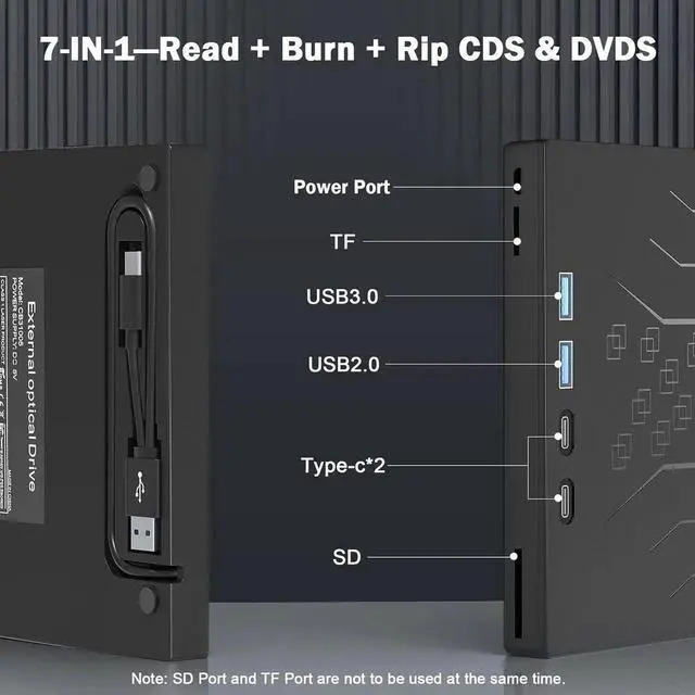 Alt view image 3 of 7 - 7 in 1 External DVD Drive, External CD/DVD Drive for Laptop USB 3.0 & Type-C, Portable CD/DVD +/-RW Disk Drive, CD/DVD Burner CD ROM External Drive for Laptop PC Windows 7/8/10/XP Mac Linux OS