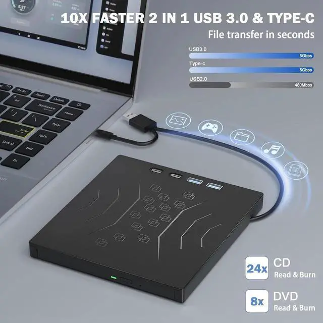 Alt view image 4 of 7 - 7 in 1 External DVD Drive, External CD/DVD Drive for Laptop USB 3.0 & Type-C, Portable CD/DVD +/-RW Disk Drive, CD/DVD Burner CD ROM External Drive for Laptop PC Windows 7/8/10/XP Mac Linux OS