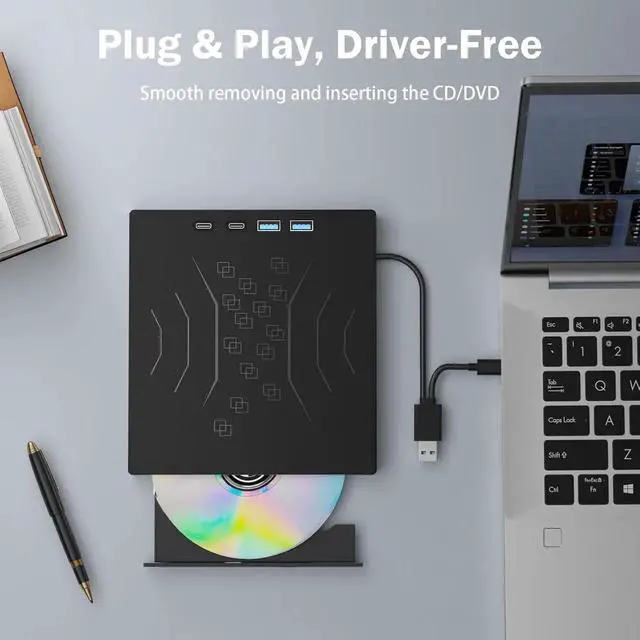 Alt view image 2 of 7 - 7 in 1 External DVD Drive, External CD/DVD Drive for Laptop USB 3.0 & Type-C, Portable CD/DVD +/-RW Disk Drive, CD/DVD Burner CD ROM External Drive for Laptop PC Windows 7/8/10/XP Mac Linux OS