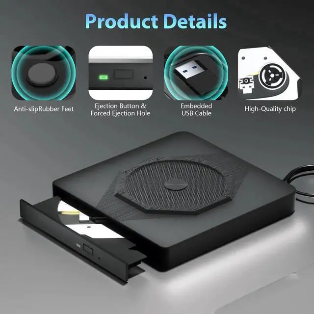Alt view image 7 of 7 - External CD DVD Drive, USB 3.0 & Type-C Portable CD DVD Burner, +/-RW CD ROM External CD/DVD Drive for Laptop, CD Player for Laptop Compatible with Laptops, Desktop PC, Windows, Linux, Mac OS