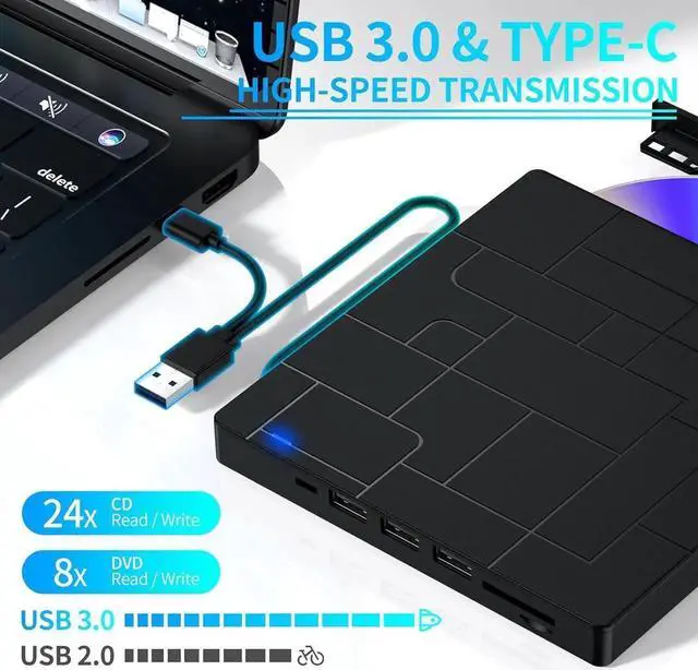 Alt view image 3 of 7 - External CD/DVD Drive for Laptop, 7-IN-1 USB 3.0 Slim Portable DVD Player, CD ROM Burner, Writer, External Optical Disk Drive Compatible with Laptop Desktop PC Windows Mac Linux OS