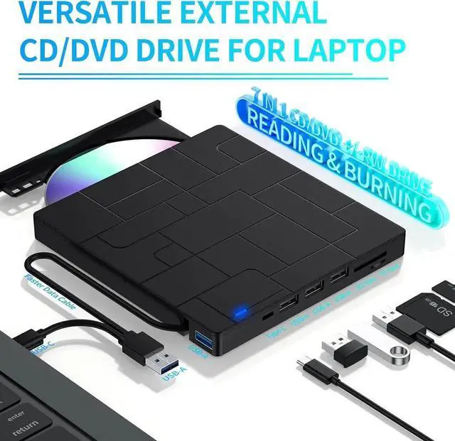Alt view image 6 of 7 - External CD/DVD Drive for Laptop, 7-IN-1 USB 3.0 Slim Portable DVD Player, CD ROM Burner, Writer, External Optical Disk Drive Compatible with Laptop Desktop PC Windows Mac Linux OS