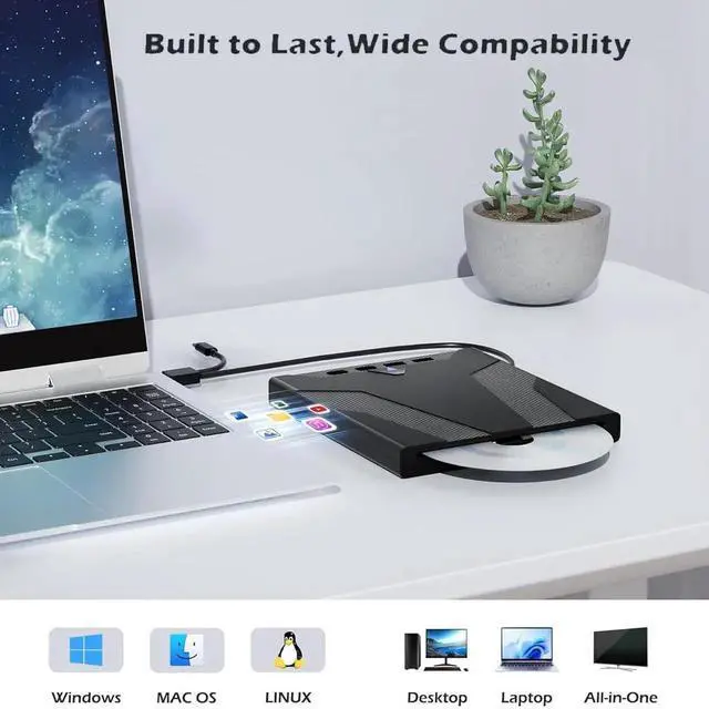 Alt view image 3 of 7 - 8 in 1 External CD/DVD Drive for Laptops, Slot-Loading Portable CD Reader for Laptop, CDs Drive External USB 3.0 & Type C CD DVD Drive Externals CD Burner Compatible with PC Windows Linux MacOS