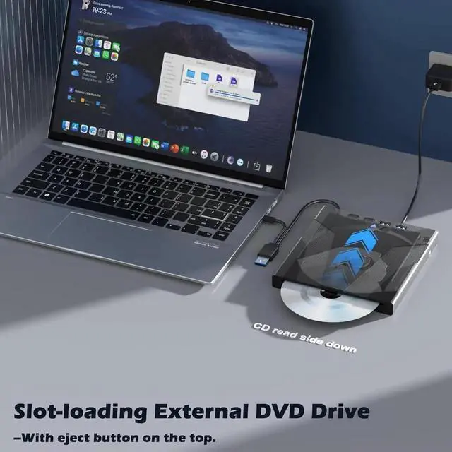 Alt view image 2 of 7 - 8 in 1 External CD/DVD Drive for Laptops, Slot-Loading Portable CD Reader for Laptop, CDs Drive External USB 3.0 & Type C CD DVD Drive Externals CD Burner Compatible with PC Windows Linux MacOS