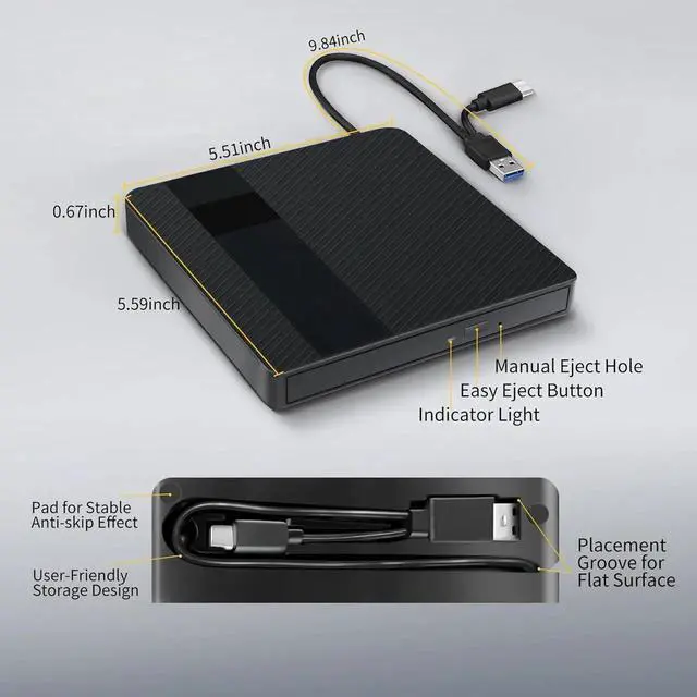 Alt view image 5 of 7 - External CD/DVD Drive for Laptops, USB 3.0 & Type-C Portable DVD Player+/-RW Burner Writer Reader, External Optical Drive Compatible with Laptop Desktop PC, Windows 11/10/8/7/XP, Linux, MacOS