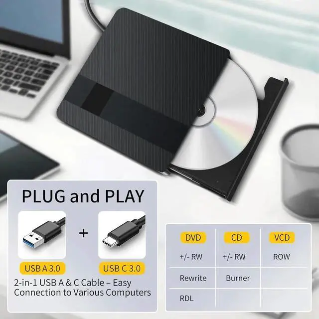 Alt view image 7 of 7 - External CD/DVD Drive for Laptops, USB 3.0 & Type-C Portable DVD Player+/-RW Burner Writer Reader, External Optical Drive Compatible with Laptop Desktop PC, Windows 11/10/8/7/XP, Linux, MacOS