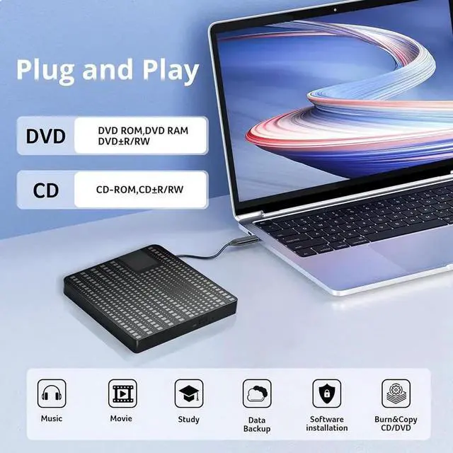 Alt view image 3 of 7 - External CD/DVD Drive for Laptop, USB 3.0 Type C CD DVD Player Portable +/-RW Burner CD ROM Reader Writer Disk Duplicator, Optical Drive Compatible with Laptop Desktop PC Windows Linux, MacOS