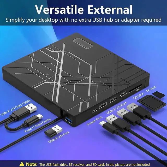 Alt view image 6 of 7 - 7 in 1 External CD/DVD Drive for Laptop, USB 3.0 Ultra Slim Portable CD Burner with 4 USB Ports and 2 TF/SD Card Slots, External CD DVD Drive Compatible with Mac, PC, Windows 11/10/8/7, Linux