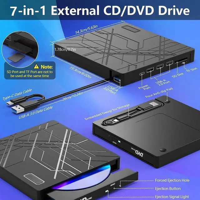 Alt view image 5 of 7 - 7 in 1 External CD/DVD Drive for Laptop, USB 3.0 Ultra Slim Portable CD Burner with 4 USB Ports and 2 TF/SD Card Slots, External CD DVD Drive Compatible with Mac, PC, Windows 11/10/8/7, Linux