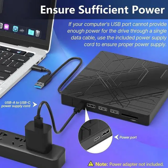 Alt view image 7 of 7 - 7 in 1 External CD/DVD Drive for Laptop, USB 3.0 Ultra Slim Portable CD Burner with 4 USB Ports and 2 TF/SD Card Slots, External CD DVD Drive Compatible with Mac, PC, Windows 11/10/8/7, Linux