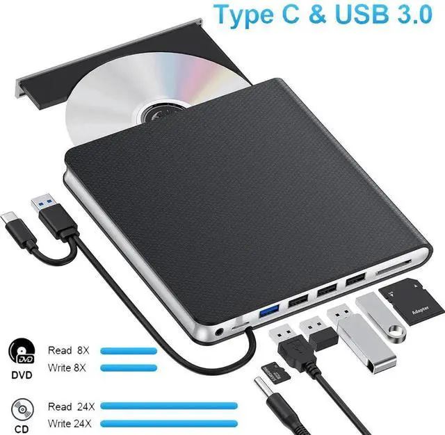 Main image of External CD DVD Drive, 7-in-1 USB 3.0 & Type-C DVD Drive External with 4 USB Ports & SD/TF, DVD RW Burner External CD Drive for Laptop, Desktop, Mac-Book, Windows 11/10/8/7/XP/Linux/Vista/Mac
