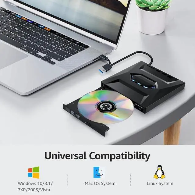 Alt view image 3 of 7 - External CD DVD Drive, [5 in 1] USB 3.0 & Type-C Portable CD DVD +/-RW ROM Burner with SD/TF Slot & USB Ports, DVD 8X CD 24X High Speed CD/DVD Reader for Laptop Macbook Desktop PC Windows Linux Mac OS
