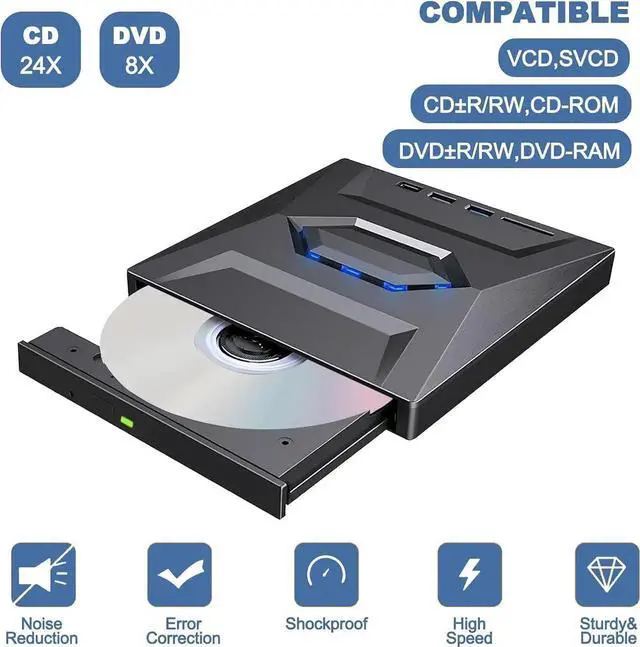 Alt view image 2 of 7 - External CD DVD Drive, [5 in 1] USB 3.0 & Type-C Portable CD DVD +/-RW ROM Burner with SD/TF Slot & USB Ports, DVD 8X CD 24X High Speed CD/DVD Reader for Laptop Macbook Desktop PC Windows Linux Mac OS