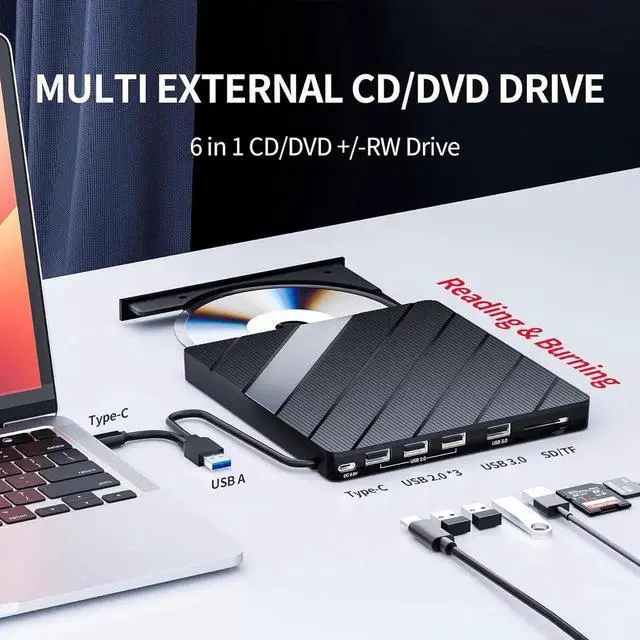 Alt view image 7 of 7 - [7 in 1] External DVD Driver, USB 3.0 & USB C Portable CD/DVD +/-RW Drive/DVD Player with SD Card Reader 4 USB A Ports, CD ROM Burner Compatible with Laptop Desktop PC Windows Linux MacOS