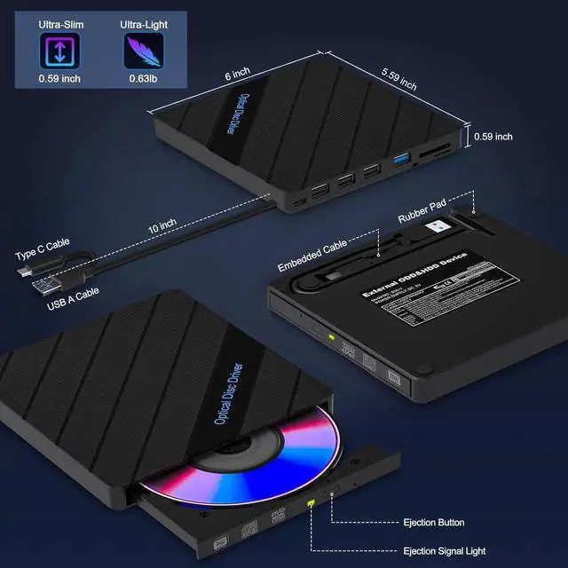 Alt view image 6 of 6 - 8-in-1 External CD DVD Drive for Laptop, USB 3.0 Type-C Slim Portable Player CD DVD RW Burner Writer Reader with SD/TF Slot & 4 USB Ports, Optical Disk Drive for Windows11/10/Mac OS/Vista/Linux