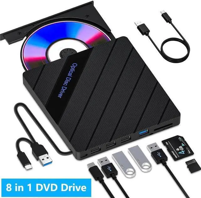Main image of 8-in-1 External CD DVD Drive for Laptop, USB 3.0 Type-C Slim Portable Player CD DVD RW Burner Writer Reader with SD/TF Slot & 4 USB Ports, Optical Disk Drive for Windows11/10/Mac OS/Vista/Linux