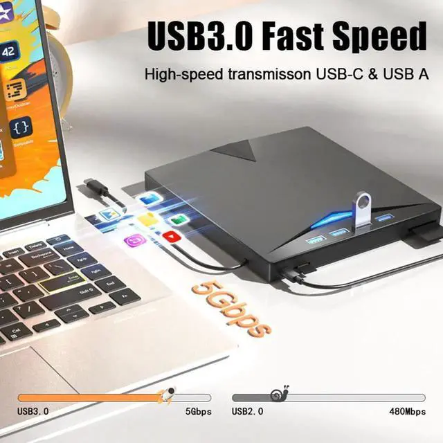 Alt view image 3 of 7 - 7-in-1 External CD DVD Drive for Laptop, USB 3.0 DVD Player with 4 USB Ports & SD/TF Slot Optical Disk Drive Reader Writer Burner for PC, Laptop Windows 11/10/8/7/ XP/ 2003/Vista/Linux, MacOS