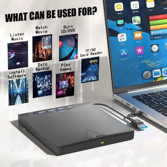 Alt view image 4 of 7 - 7-in-1 External CD DVD Drive for Laptop, USB 3.0 DVD Player with 4 USB Ports & SD/TF Slot Optical Disk Drive Reader Writer Burner for PC, Laptop Windows 11/10/8/7/ XP/ 2003/Vista/Linux, MacOS