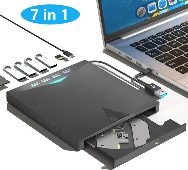 Main image of 7-in-1 External CD DVD Drive for Laptop, USB 3.0 DVD Player with 4 USB Ports & SD/TF Slot Optical Disk Drive Reader Writer Burner for PC, Laptop Windows 11/10/8/7/ XP/ 2003/Vista/Linux, MacOS