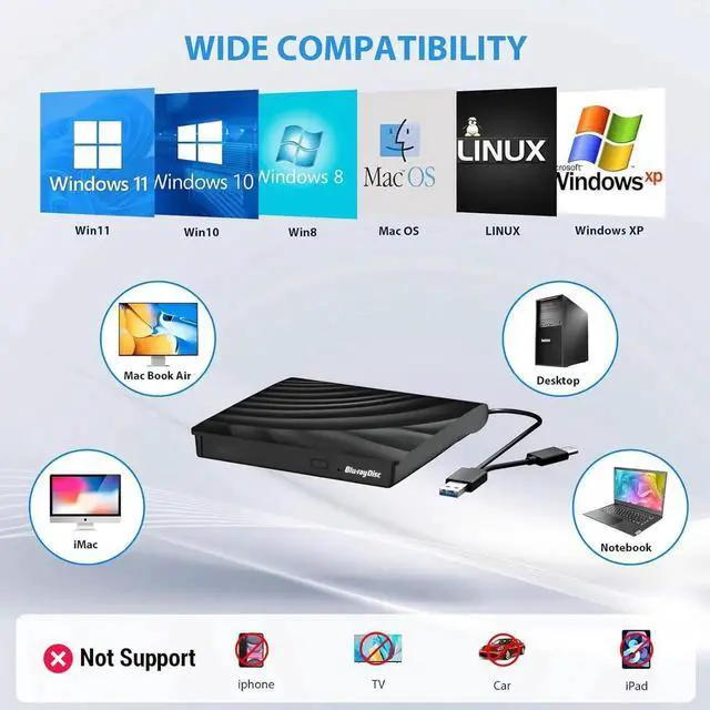 Alt view image 4 of 7 - External Blu Ray CD DVD Drive, USB 3.0 Type-C Portable 3D Bluray CD DVD Reader Slim Optical Bluray DVD Drive for Mac-Book Laptop Desktop PC Laptop Compatible with Mac OS Windows XP/7/8/10/11