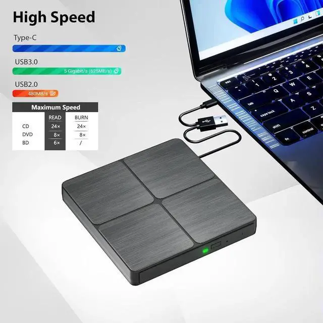 Alt view image 2 of 7 - External Blu Ray Drive, USB 3.0 Type-C 3D Bluray CD DVD BD Reader Player Slim Optical Bluray CD/DVD Burner for MacBook Laptop Desktop PC Compatible with Mac OS Windows XP/7/8/10/11