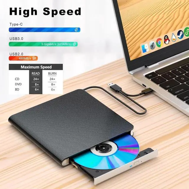 Alt view image 2 of 7 - External Blu-ray Drive for Laptops, 7 in 1 External Blu Ray CD DVD Drive, BD/CD/DVD Drive, 3D Blu-ray Burner, USB 3.0 & Type-C External CD DVD Drive, Suitable for Windows XP/7/8/10/11, MacOS