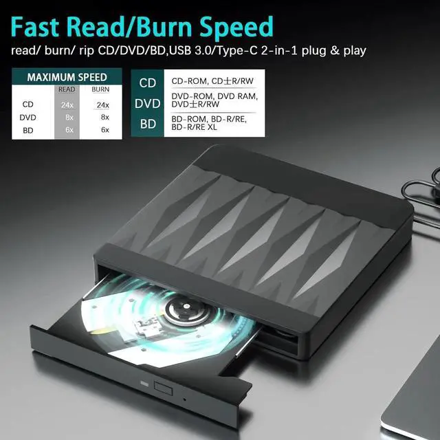 Alt view image 3 of 7 - External Blu-Ray Drive, Blu Ray Burner USB 3.0 and Type-C External CD DVD Drive Compatible Read and Burner BD DVD CD Reader Rewriter Writer Disk Duplicator Compatible for Windows, Linux, MacOS