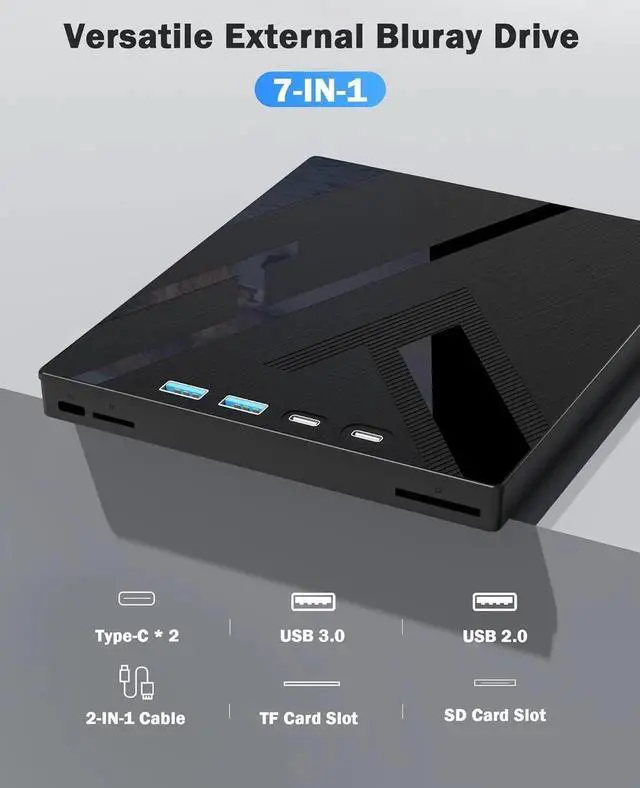 Alt view image 7 of 13 - 7 in 1 External Blu Ray Drive, USB 3.0 & Type C External Blueray/DVD Drive for PC with SD/TF Port Blu Ray Burner, Support 100G Disc External Blu Ray Drive for Windows Linux MacOS Laptop Desktop