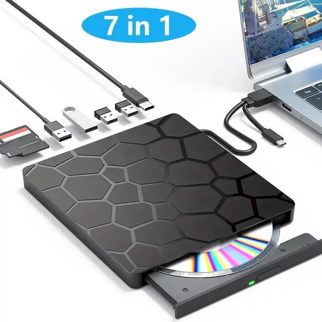 Main image of [7 in 1] Muntifunctional External CD/DVD Drive for Laptop, External CD DVD Drive with USB2.0 USB 3.0 Ports and SD/TF Card Reader Portable External DVD Player Optical Drive for Laptop Desktop PC