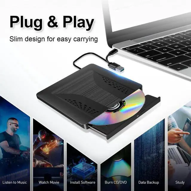 Alt view image 3 of 7 - Slim External CD DVD Drive, USB 3.0 Type-C External CD/DVD Drive, Portable CD DVD +/-RW Burner Fast Data Transfer, Plug & Play, Optical Drive for Laptop, Desktop Win11/10/8/7/XP, Linux, Mac OS