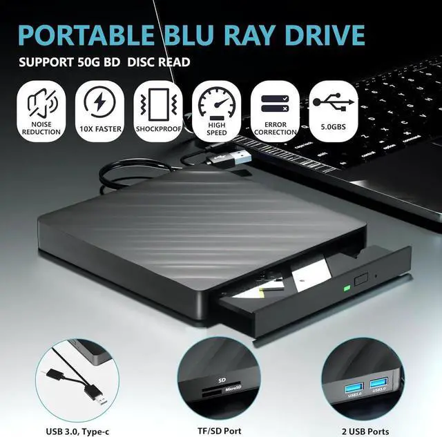 Alt view image 4 of 6 - External Blu Ray Drive, 5 in 1 Portable Blu Ray Player with USB 3.0 Type-C, CD DVD Burner 3D Blu Ray with SD/TF Port, External Blu-Ray CD DVD Drive Compatible with Windows Mac Laptop Desktop PC