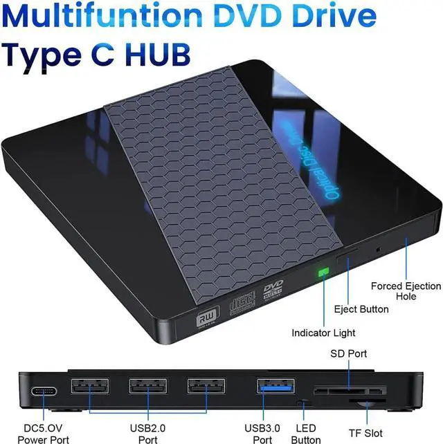 Alt view image 6 of 7 - [8-in-1] External DVD Drive, USB 3.0 Type C External CD/Dvd +/-Rw Drive Portable CD/DVD Player Burner Reader Writer Player, Optical CD ROM Disk Drive For Laptop Windows 10/8/7/XP/Linux, MacOS