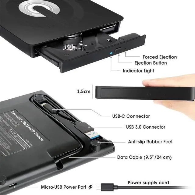 Alt view image 3 of 7 - External CD DVD Drive, Type-C & USB 3.0 External Optical CD/DVD Drive, Portable CD DVD Player RW Writer Burner Reader for Laptop, Desktop, PC, Windows 11/10 / 8/7 / XP/Linux/Vista, Linux, MacOS