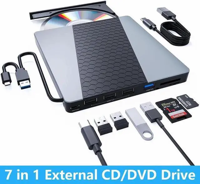 Main image of External CD DVD Drive, USB3.0/USB C Portable CD/DVD Player with SD/TF Slot, 1 USB 3.0 & 4 USB 2.0 Ports, CD ROM Burner Optical Drive Compatible with Windows 11/10/8.1/8/7/vista,Linux,MacOS