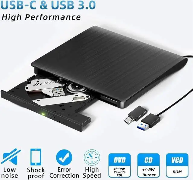 Alt view image 2 of 7 - External CD DVD Drive, Portable USB 3.0 and Type-C CD/DVD RW Drive Player Rewriter CD/DVD Burner Optical Drive Compatible with Laptop Desktop PC Computer for Windows 7/8/10/11, Linux, MacOS