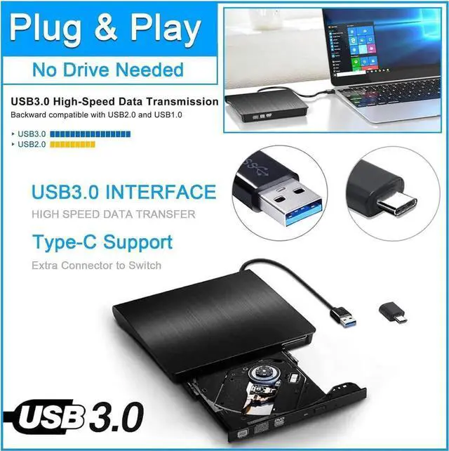 Alt view image 5 of 7 - External CD DVD Drive, Portable USB 3.0 and Type-C CD/DVD RW Drive Player Rewriter CD/DVD Burner Optical Drive Compatible with Laptop Desktop PC Computer for Windows 7/8/10/11, Linux, MacOS