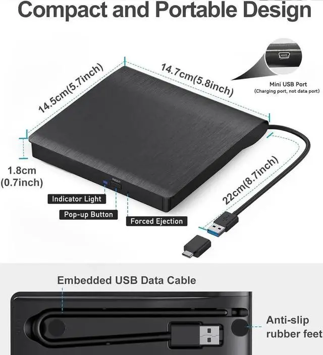 Alt view image 7 of 7 - External CD DVD Drive, Portable USB 3.0 and Type-C CD/DVD RW Drive Player Rewriter CD/DVD Burner Optical Drive Compatible with Laptop Desktop PC Computer for Windows 7/8/10/11, Linux, MacOS