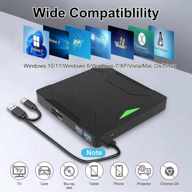 Alt view image 2 of 7 - 5 in 1 External CD DVD Drive with 2 USB Ports and SD/TF Card Slots, Type-C USB 3.0 Portable CD/DVD Disk Drive Player Burner Reader Writer for Laptop Desktop PC Windows 11/10/8/7/XP Linux, MacOS