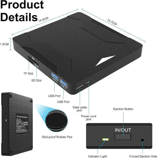 Alt view image 7 of 7 - 5 in 1 External CD DVD Drive with 2 USB Ports and SD/TF Card Slots, Type-C USB 3.0 Portable CD/DVD Disk Drive Player Burner Reader Writer for Laptop Desktop PC Windows 11/10/8/7/XP Linux, MacOS
