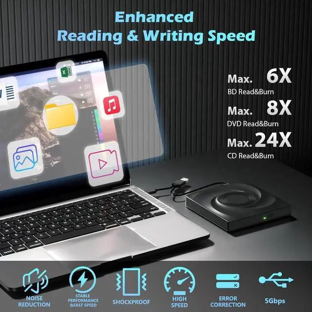 Alt view image 4 of 7 - External Bluray Drive for Laptops, USB 3.0 and Type-C Portable DVD Player,BluRay Burner Slim 3D BluRay DVD CD Optical Drive Compatible with Windows XP/7/8/10/11 MacOS for MacBook Laptop Desktop