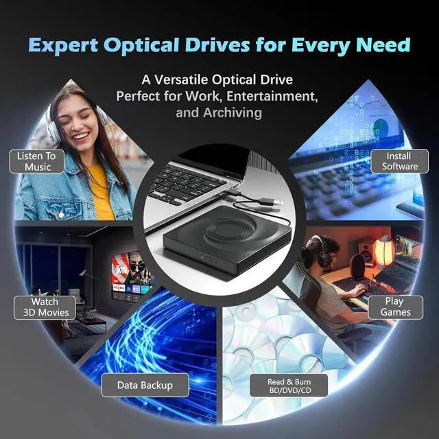 Alt view image 6 of 7 - External Bluray Drive for Laptops, USB 3.0 and Type-C Portable DVD Player,BluRay Burner Slim 3D BluRay DVD CD Optical Drive Compatible with Windows XP/7/8/10/11 MacOS for MacBook Laptop Desktop