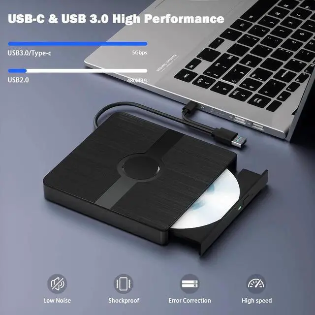 Alt view image 2 of 7 - External Blu Ray Drive, BD Player with Read/Write Capability Portable Blu-ray Player with USB 3.0 Type-C CD/DVD Burner 3D Blu-ray Drive Compatible with Win10 and Mac OS, Drive Blu Ray Player