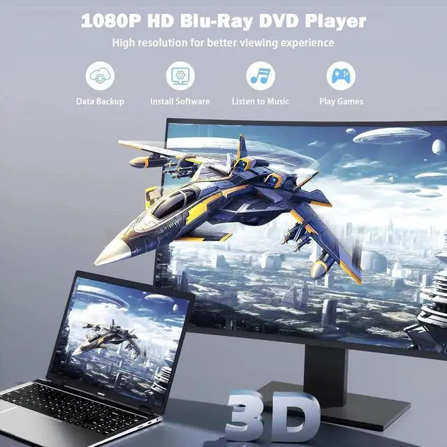 Alt view image 3 of 7 - External Blu Ray Drive, BD Player with Read/Write Capability Portable Blu-ray Player with USB 3.0 Type-C CD/DVD Burner 3D Blu-ray Drive Compatible with Win10 and Mac OS, Drive Blu Ray Player
