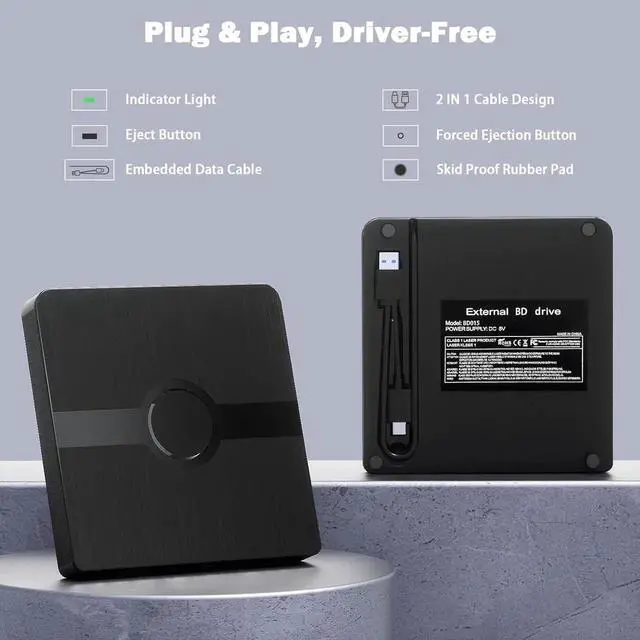 Alt view image 4 of 7 - External Blu Ray Drive, BD Player with Read/Write Capability Portable Blu-ray Player with USB 3.0 Type-C CD/DVD Burner 3D Blu-ray Drive Compatible with Win10 and Mac OS, Drive Blu Ray Player