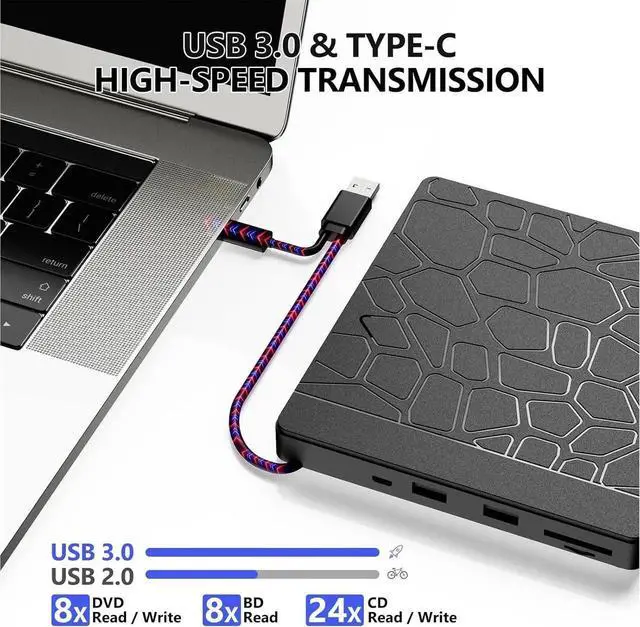 Alt view image 2 of 7 - 5-in-1 External Blu-ray Drive for Laptops, USB 3.0 & Type-C BD Reader, DVD/CD Burner with Dual USB-A Ports, SD/TF Slots Portable Blu-ray Player for Laptop PC, Windows/Linux/Mac OS Compatible
