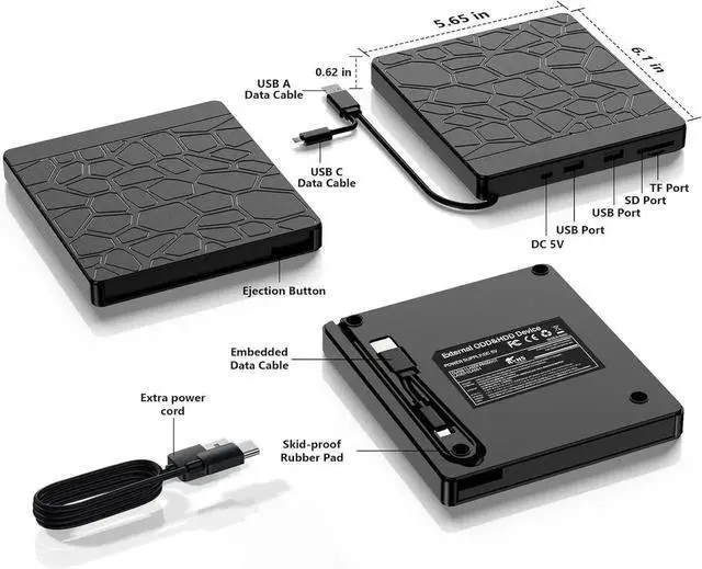 Alt view image 5 of 7 - 5-in-1 External Blu-ray Drive for Laptops, USB 3.0 & Type-C BD Reader, DVD/CD Burner with Dual USB-A Ports, SD/TF Slots Portable Blu-ray Player for Laptop PC, Windows/Linux/Mac OS Compatible